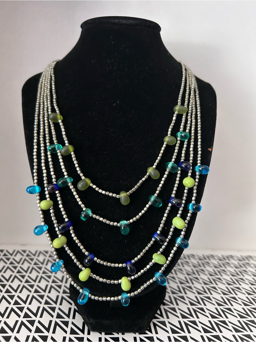 New York & Company Silver Multi-Strand Necklace with Blue and Green Beads